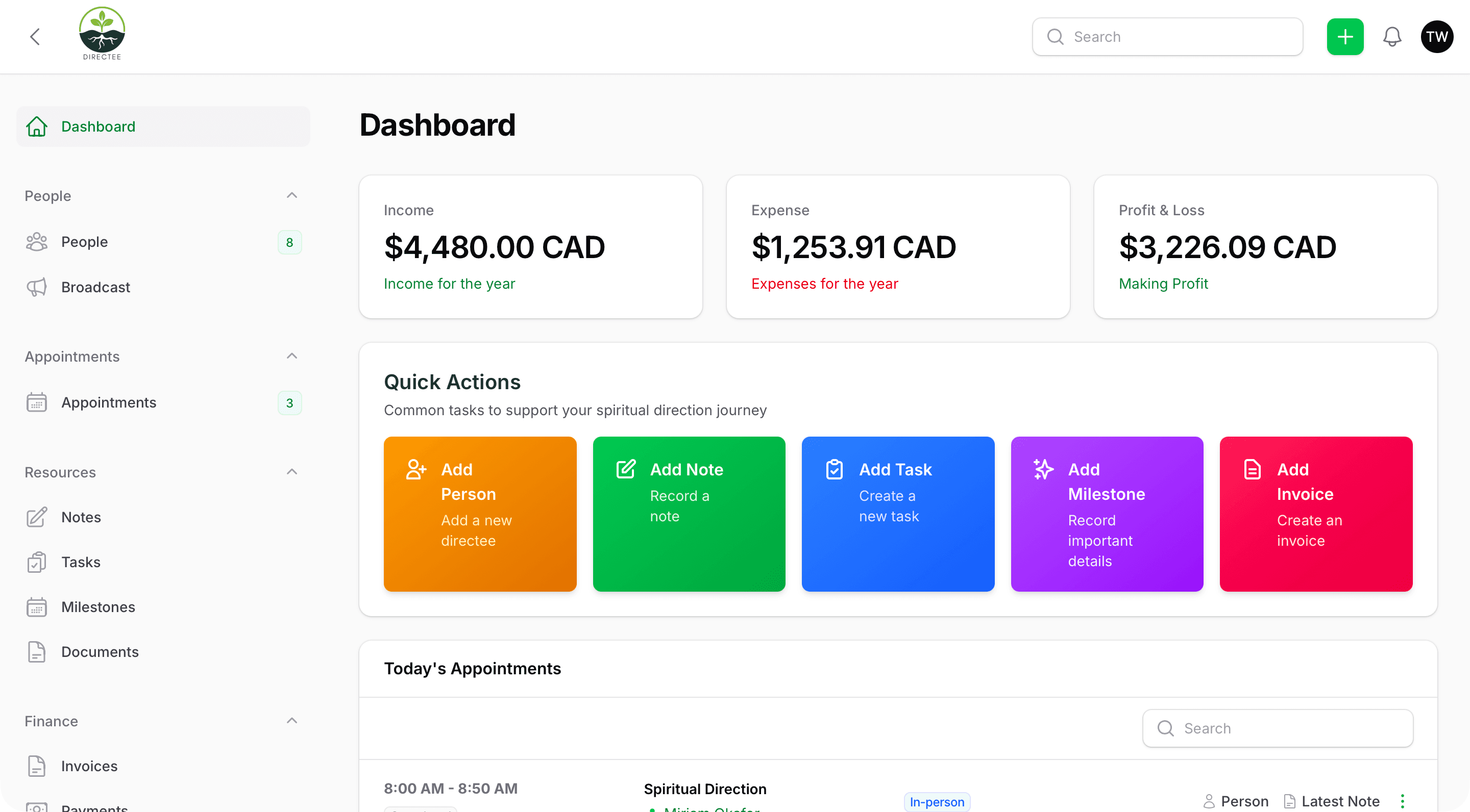 The Directee dashboard: income, expenses, and profit for the year, quick actions, and today's appointments